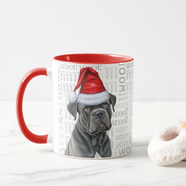 Cane Corso Dog Santa auf dem Hintergrund des Walde Tasse (Mit Donut)