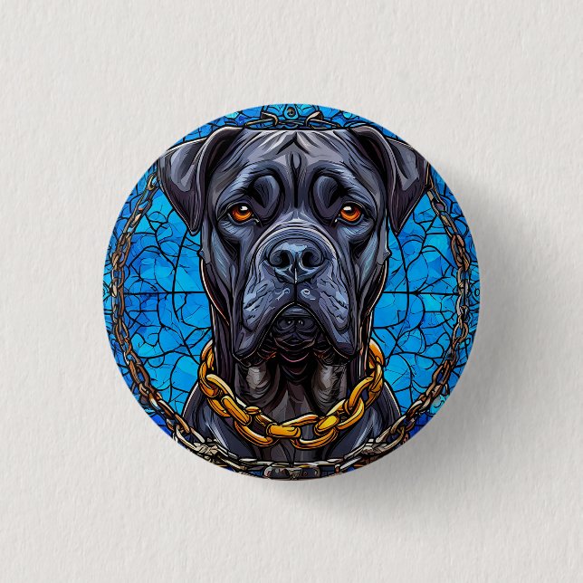 Cane Corso Hund mit Ketten in blau gestanztem Glas Button (Vorderseite)