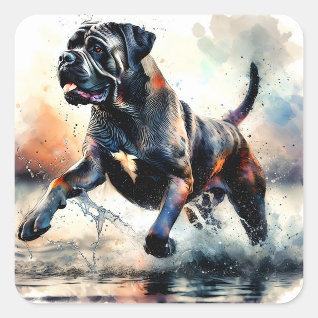 Cane Corso Hund mit Wasserfarbe Quadratischer Aufkleber (Vorderseite)