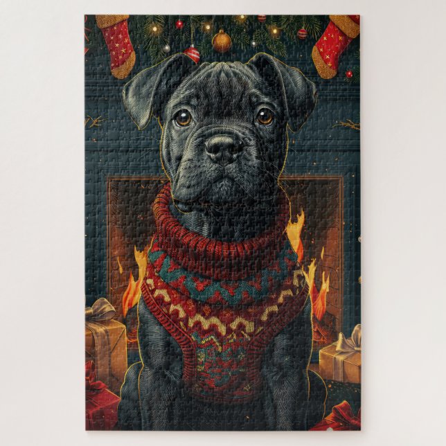 Cane Corso Hund mit Weihnachtsgeschenken Feuerplat (Vertikal)