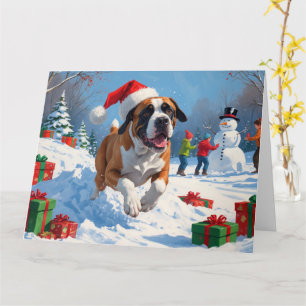 Cane Corso läuft im Schnee mit Weihnachtshut Karte