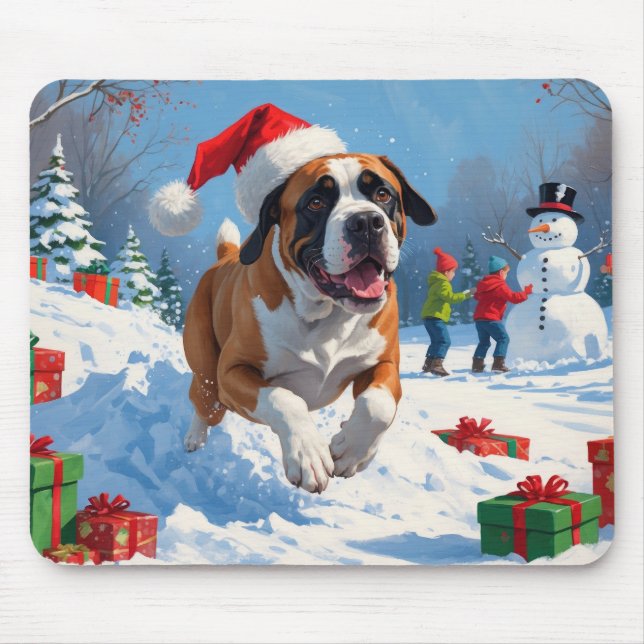 Cane Corso läuft im Schnee mit Weihnachtshut Mousepad (Vorne)