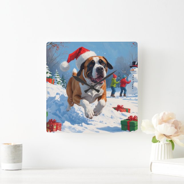 Cane Corso läuft im Schnee mit Weihnachtshut Quadratische Wanduhr (Zuhause)