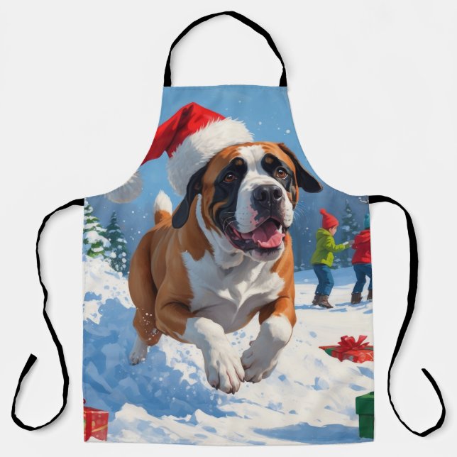 Cane Corso läuft im Schnee mit Weihnachtshut Schürze (Vorderseite)