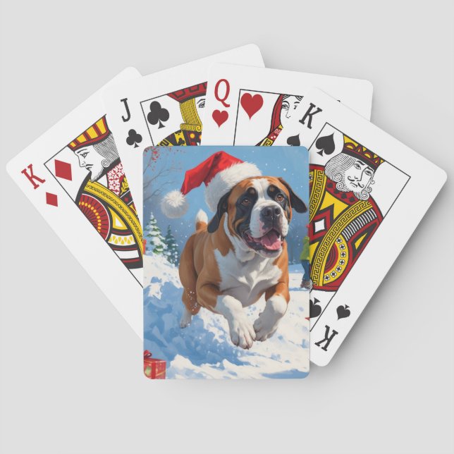 Cane Corso läuft im Schnee mit Weihnachtshut Spielkarten (Rückseite)