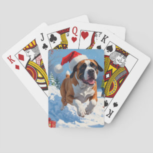 Cane Corso läuft im Schnee mit Weihnachtsmütze Spielkarten