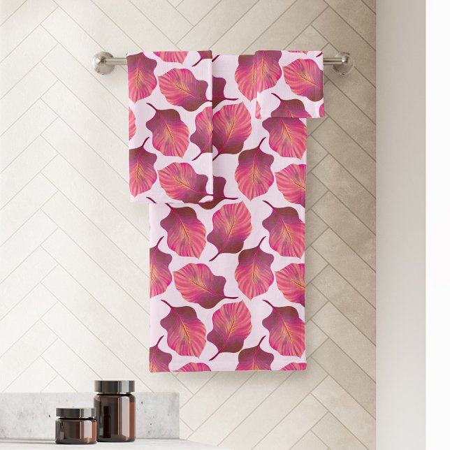 Canna Tropicanna Blätter in Rosa Badhandtuch Set (Pink Canna Tropicanna Leaves Patterned Bath Towel Set)