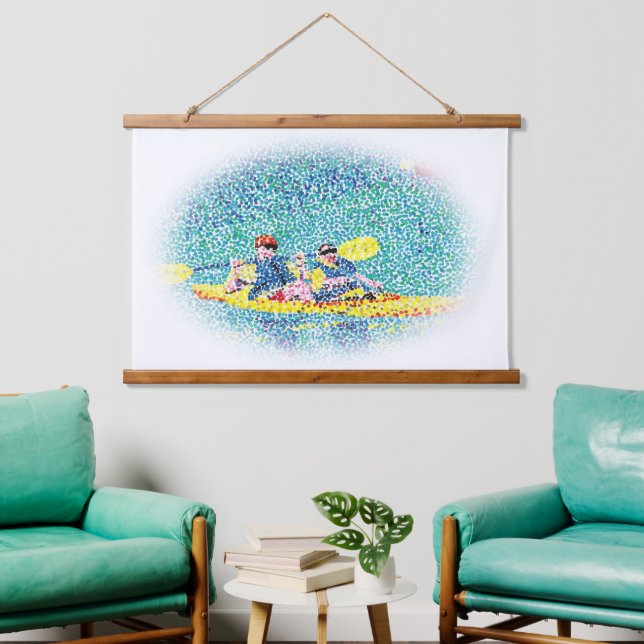 Canoë en pointillisme sur tapisserie murale (Salon)