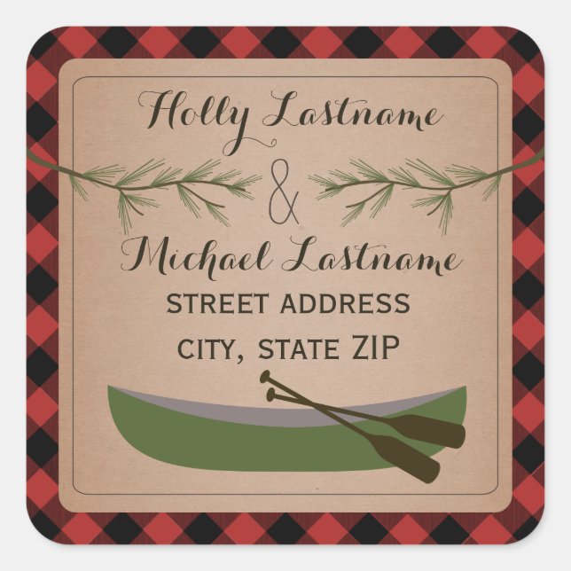 Canoe + Evergreen Branch Kariert Address Sticker (Vorderseite)
