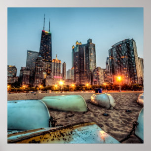 Canoes on Oak Street Beach a little after sunset Poster