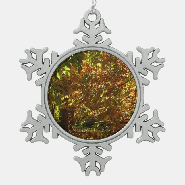Canopy of Herbstlaubs II Gelbe Herbstfotografie Schneeflocken Zinn-Ornament (Vorderseite)
