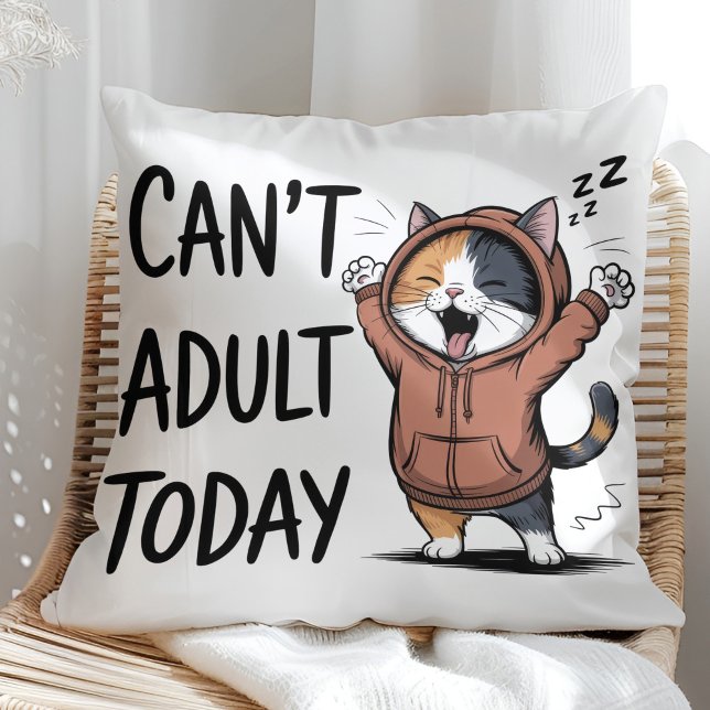 "Can't Adult Today" Funny Cat Kissen ("Can't Adult Today" Funny Cat Throw Pillow in a sunny boho neutral rattan chair)