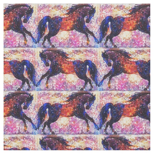Cantering Black and Red Horses Fabric Stoff (Nahaufnahme)