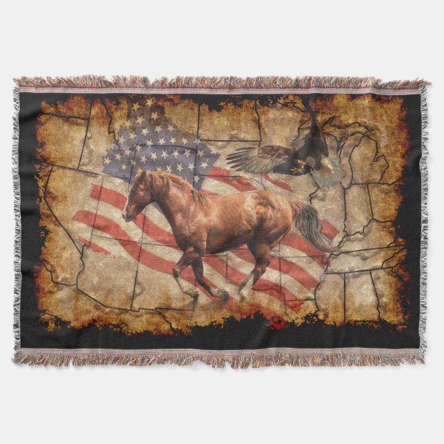 Cantering Western Horse w Bald Eagle und US-Flagge Decke (Vorderseite)