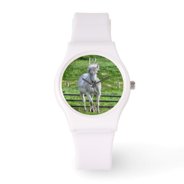 Cantering White Horse Equine Foto Armbanduhr (Vorderseite)