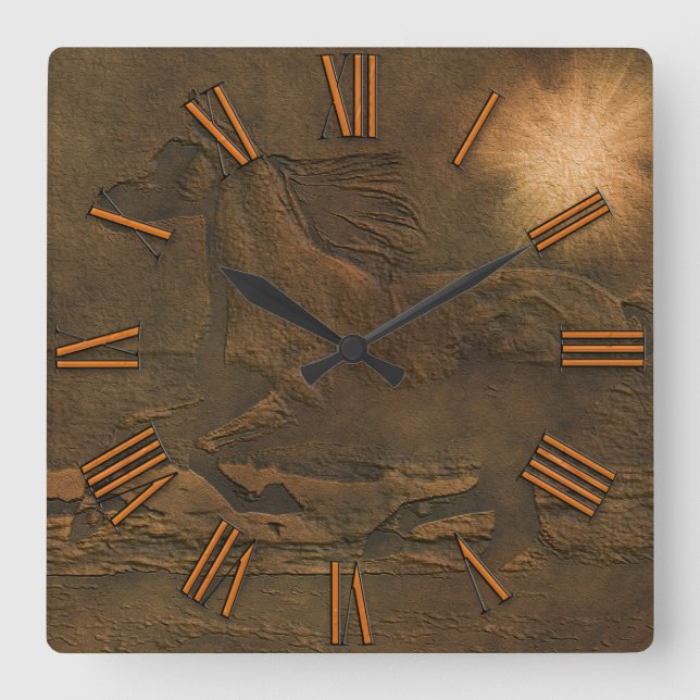 Cantering Wild Spirited Horse Imitats Leather-Effe Quadratische Wanduhr (Vorderseite)