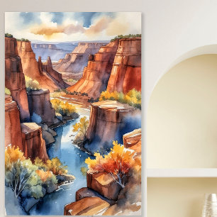 Canyon Wasserfarbe Landschaft mit Fluss und Klippe Poster