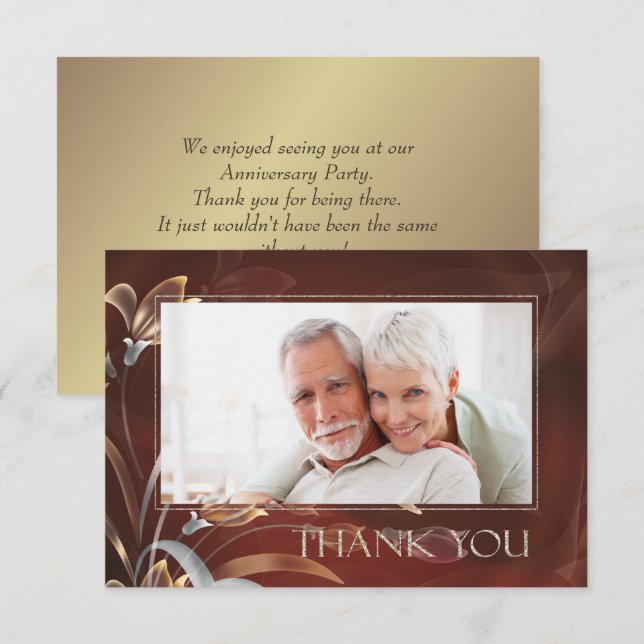 Caoba Gold Floral Jubiläum Danke Foto Card (Vorne/Hinten)