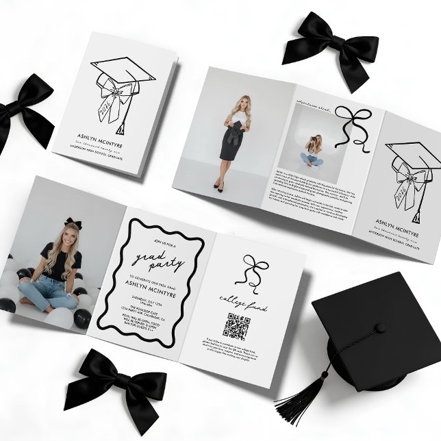 Cap and Bow Graduation Tri-Fold Invitation Dreifach-gefaltete Programmkarte (Grad Cap and Bow Tri-Fold Invitation with Photos)