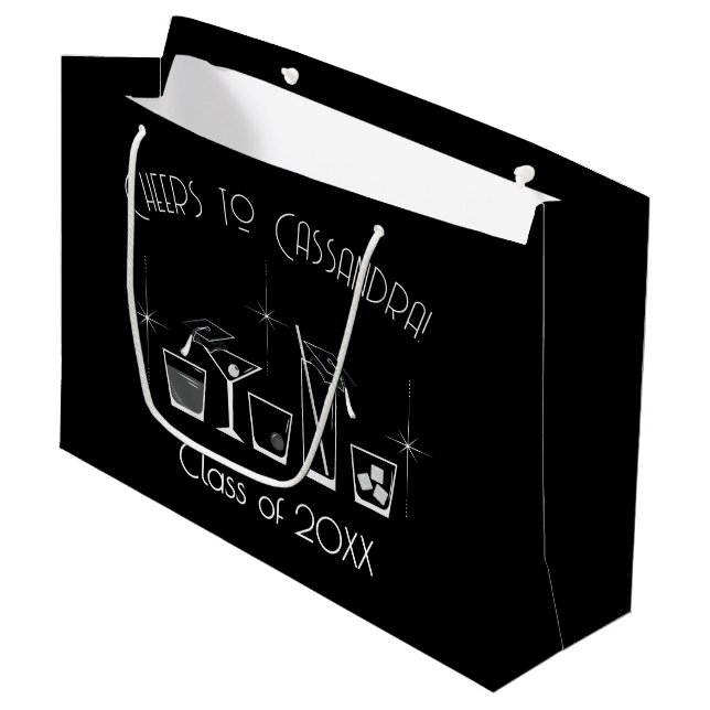 Cap and Cocktail Graduation Party Black Große Geschenktüte (Vorderseite Schrägansicht)