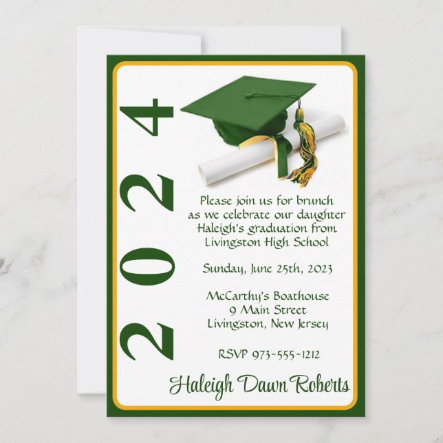 Cap & Diploma 12x18 Green & Gold Abschluss Einladung (Vorderseite)
