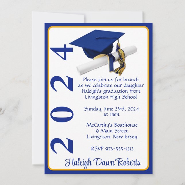 Cap & Diploma 12x18 Royal Blue & Gold Abschluss Einladung (Vorderseite)