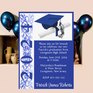 Cap & Diploma 12x18 Royal Blue & White Abschluss Einladung