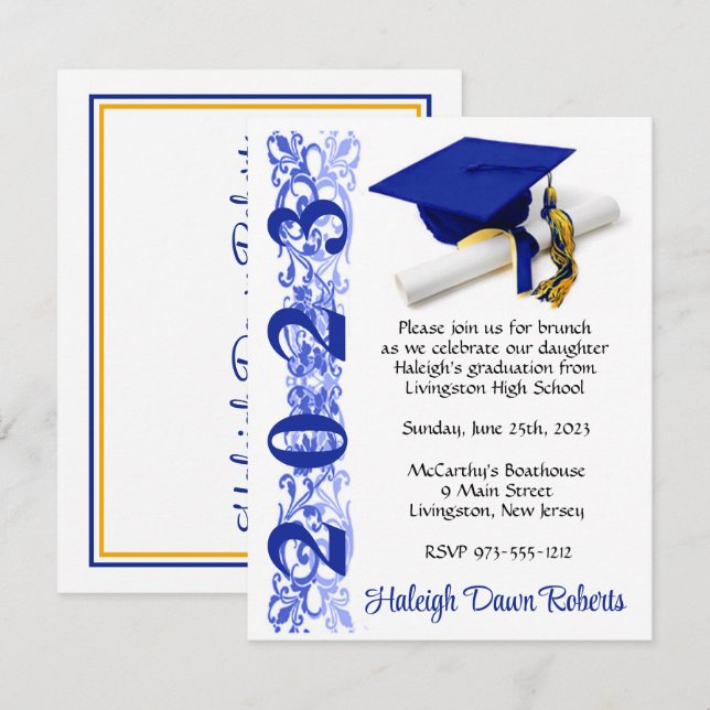 Cap & Diploma, Royal Blue & Gold Abschluss Einladung (Vorne/Hinten)