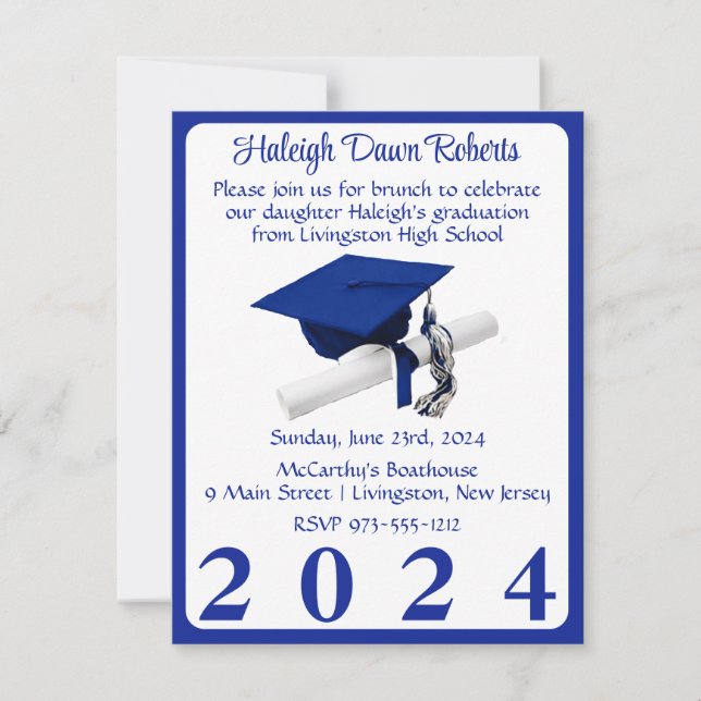 Cap & Diploma Royal Blue Graduation Party Einladung (Vorderseite)