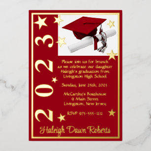 Cap, Diploma & Stars, Red & Gold Abschluss Folieneinladung