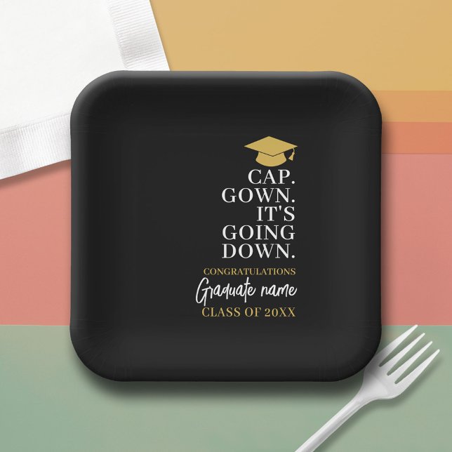 Cap Gown Es geht nach unten - Name Moderner Abschl Pappteller (Custom Graduation Paper Plate)
