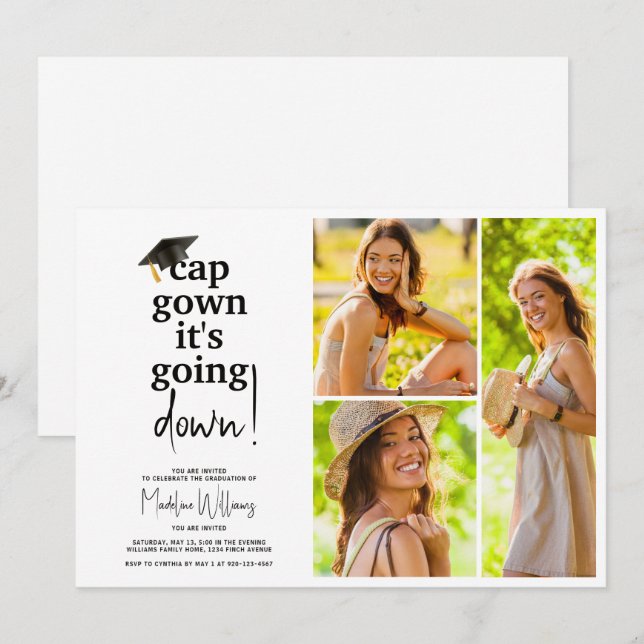 Cap Gown es geht runter zum Abschluss FotoCollage Einladung (Vorne/Hinten)