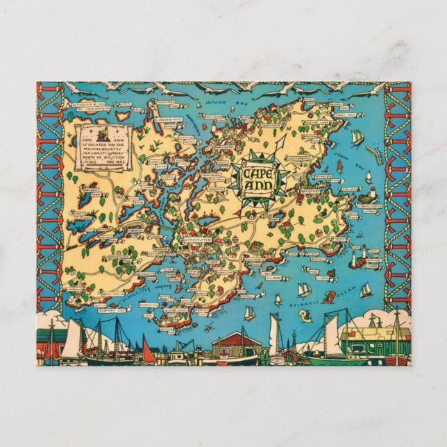 Cape Ann Illustrierte Karte Postkarte (Vorderseite)