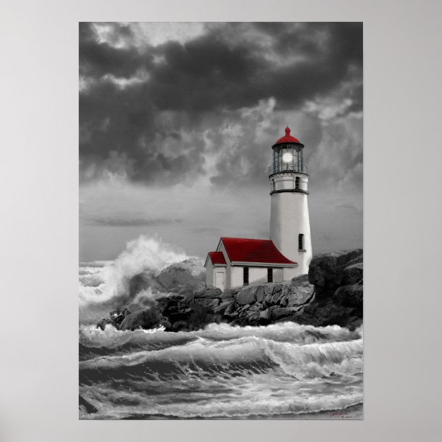 Cape Blanco Leuchtturm in Schwarzweiß Poster (Vorne)