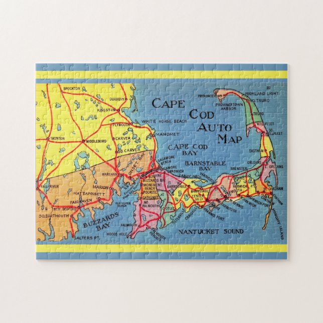 Cape Cod Auto Karte 11x14 Puzzle (Horizontal)