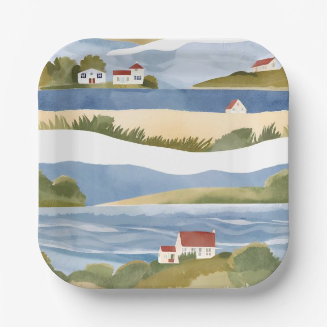 Cape Cod Bay | Ozeanstrand Küstenwasserfarbe Pappteller (Vorderseite)