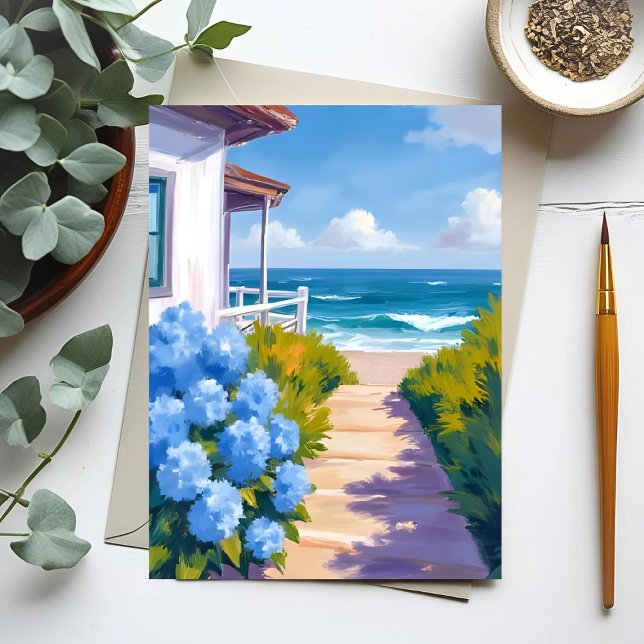 Cape Cod Beach Path | Hydrangea Küstenmalerei Postkarte (Von Creator hochgeladen)