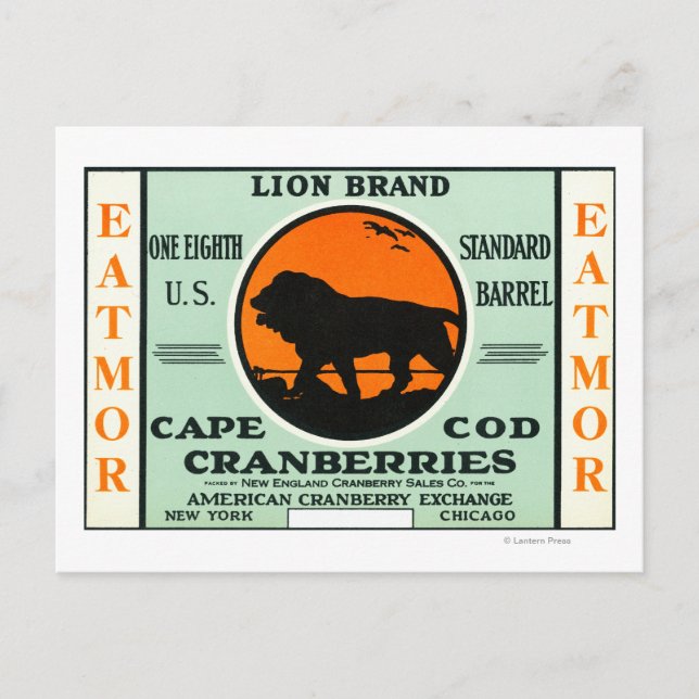 Cape Cod Lion Eatmor Cranberries Markenzeichen Postkarte (Vorderseite)