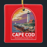 Cape Cod Massachusetts Keramikornament<br><div class="desc">Cape Cod Retro Vektor Reise Design in einem Emblem Stil. Es ist der Ort der malerischen Dörfer, Meeresfrüchte-Hütten, Leuchttürme, Teiche und Bucht-und Ozeanstrände.</div>