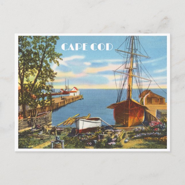 Cape Cod Massachusetts Vintage Boote und Docks Postkarte (Vorderseite)