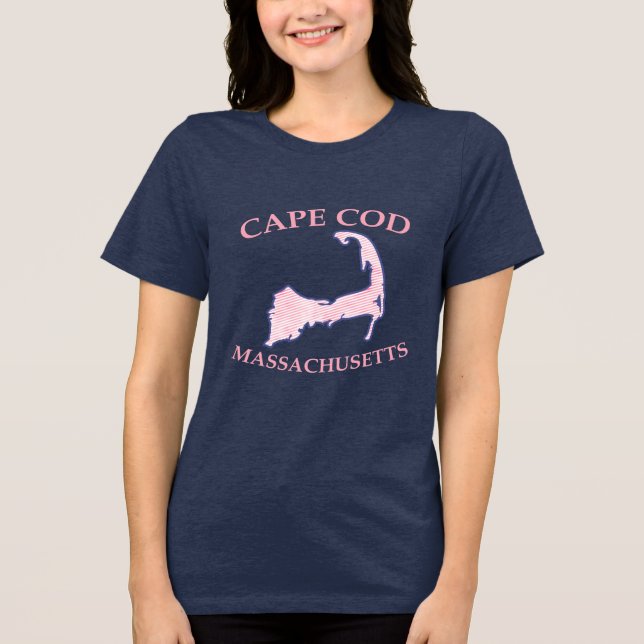 Cape Cod Silhouette Rosa Stripte FrauenMarine Tri-Blend Shirt (Vorderseite)