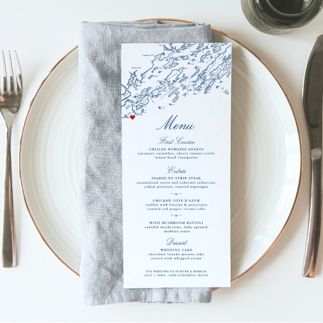Cape Elizabeth Maine Karte Elegant Navy Blue Weddi (These navy blue Cape Elizabeth Maine wedding menus are perfect for a Casco Bay destination wedding.)