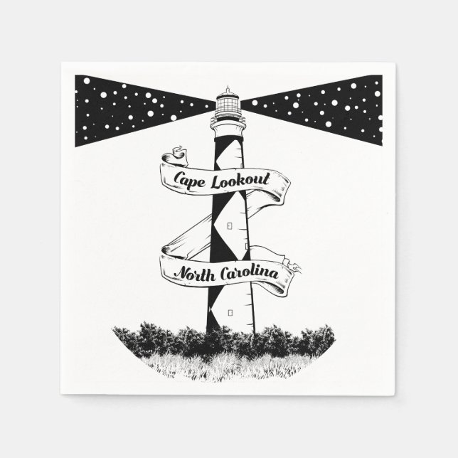 Cape Lookout Leuchtturm Schwarz-Weiß Serviette (Vorderseite)