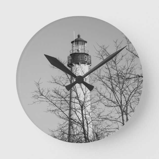 Cape May Light b/w Runde Wanduhr (Vorderseite)