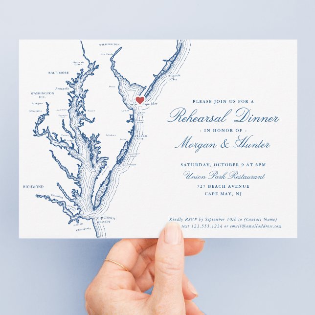 Cape May NJ Elegant Wedding Probe Dinner Einladung (Elegant Cape May New Jersey Wedding Rehearsal Dinner Invitations with navy blue Jersey Shore map)