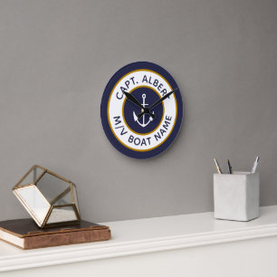 Capitaine Votre Nom Ancre Or Bleu Horloge ronde