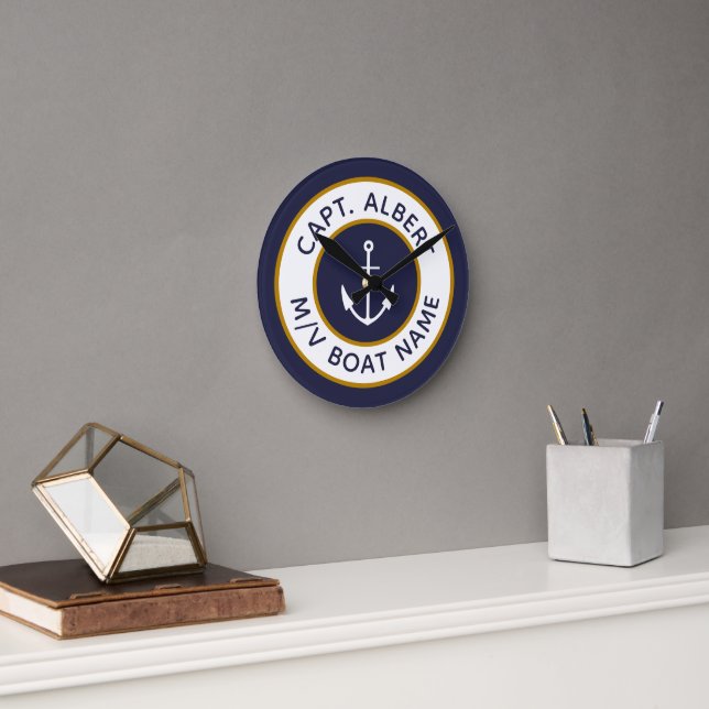 Capitaine Votre Nom Ancre Or Bleu Horloge ronde (Bureau)