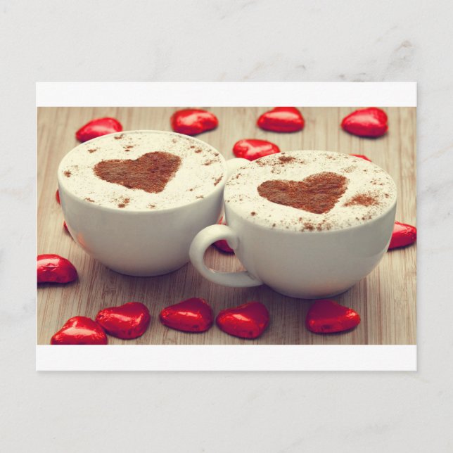 Cappuccino Lieben Schokoladenherzen Postkarte (Vorderseite)