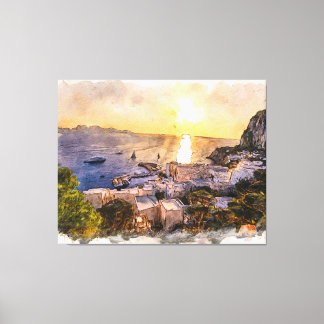 Capri island sunset painting with harbor and boats leinwanddruck