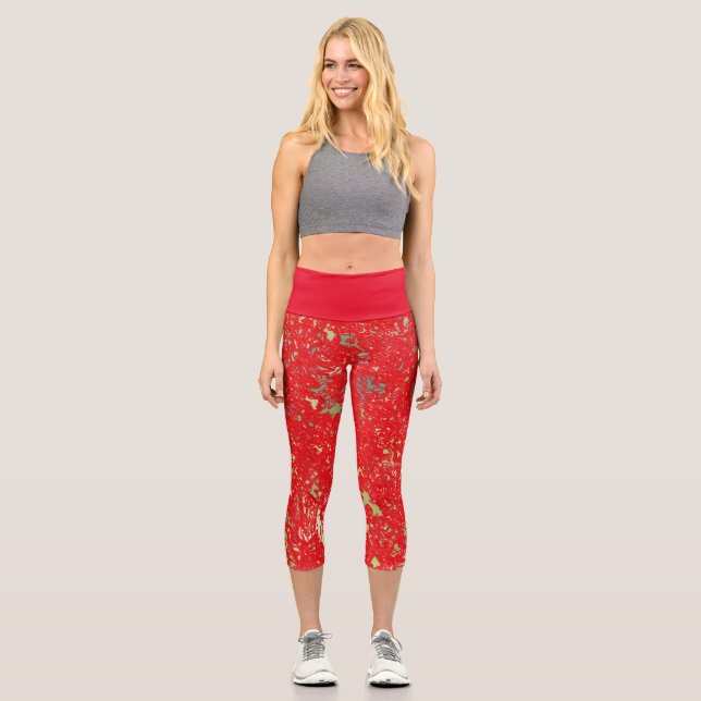 Capri Leggings in rot-grüner Abstraktion (Vorderseite)